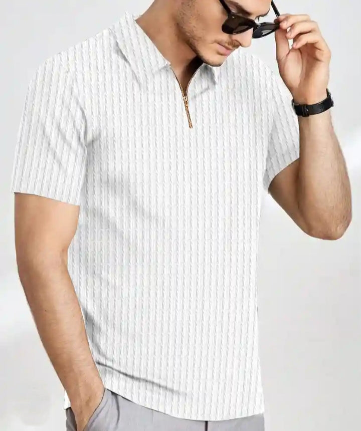 Men’s White Textured Half Sleeve Polo with Zip Collar