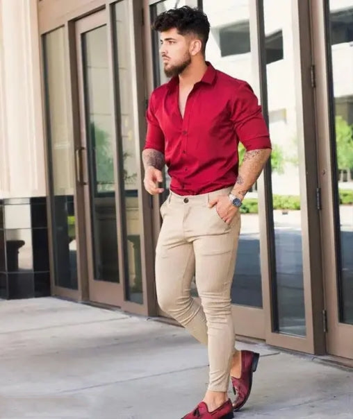 Men's Stylish combo wear- Red Shirt & Beige Trouser