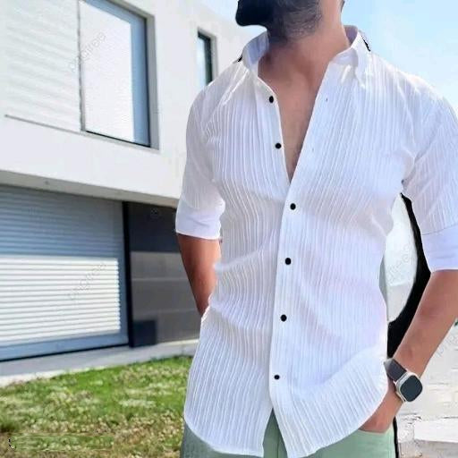 Men’s White Textured Casual Button-Down Shirt