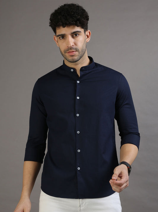 Men’s Navy Blue Mandarin Collar Casual Shirt