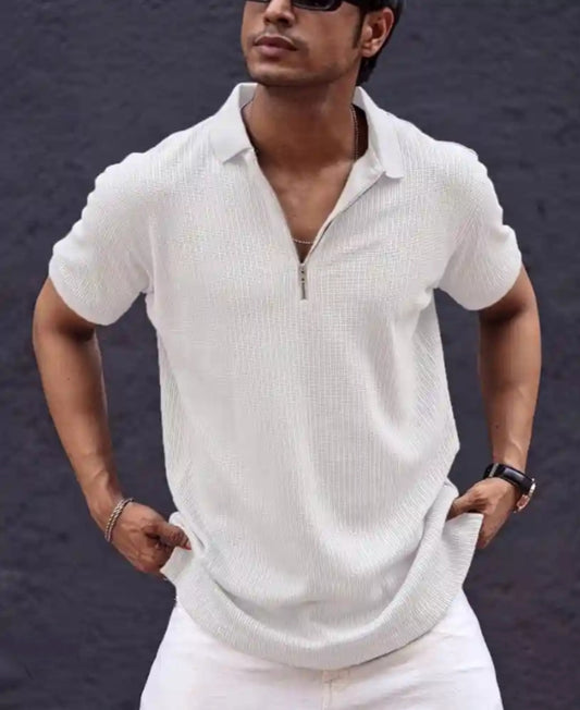 Men’s White Textured Half Sleeve Polo with Zip Collar