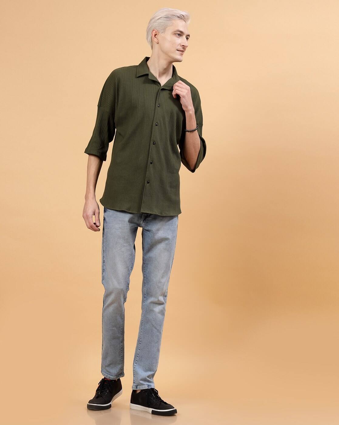 Olive Green Textured Button-Down Shirt