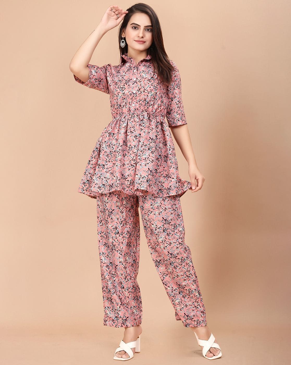 Women’s Pink Floral Print Peplum Co-ord Set