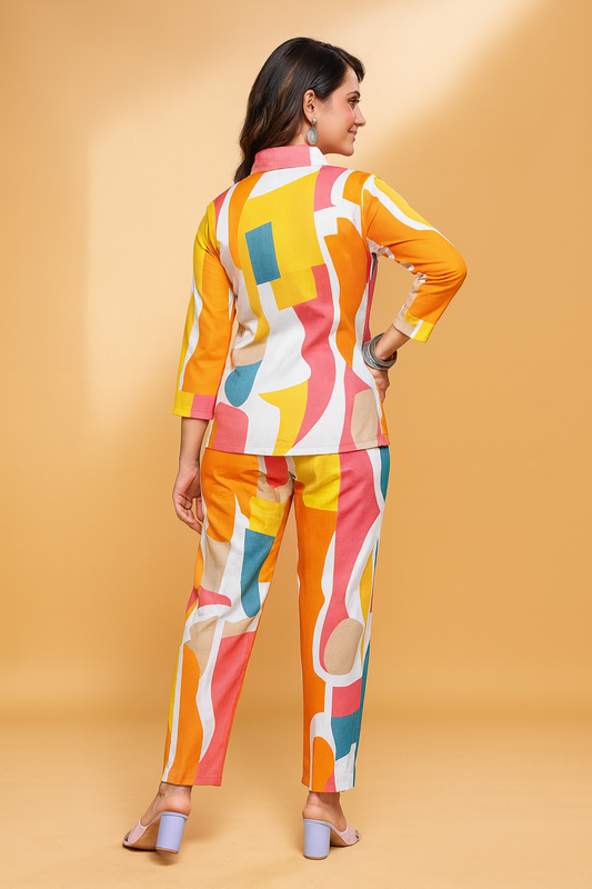 Woman wearing a colorful patterned outfit on a beige background