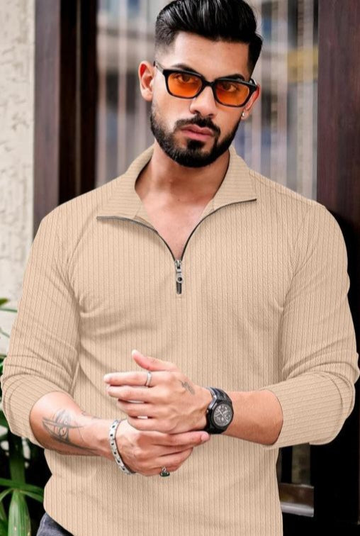 Men’s Beige Ribbed Zip-Collar Full Sleeve Polo