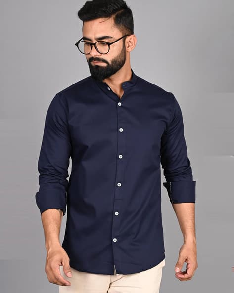 Men’s Navy Blue Mandarin Collar Casual Shirt