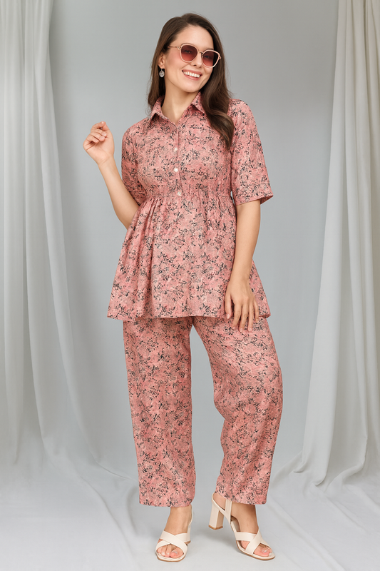 Women’s Pink Floral Print Peplum Co-ord Set