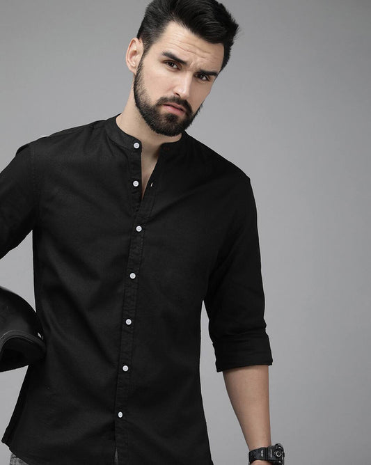 Men’s Black Mandarin Collar Casual Shirt