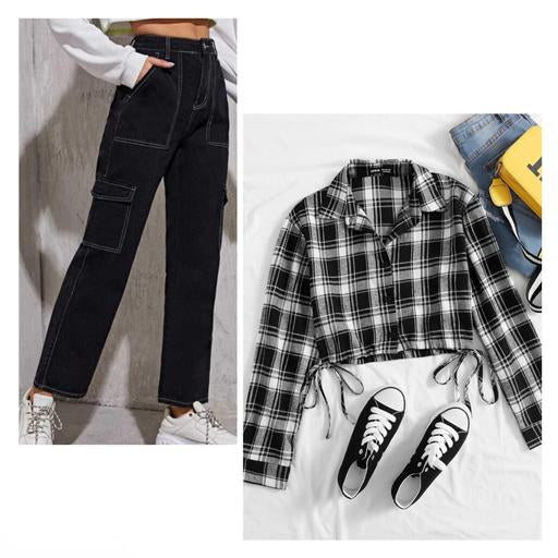 Stylish Cargo Pant with Crop check Shirt for Women