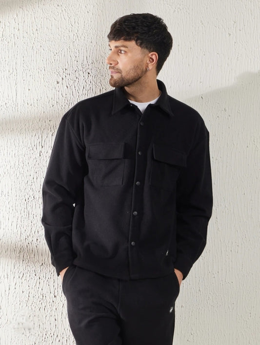 Black Wool Blend Overshirt for Men