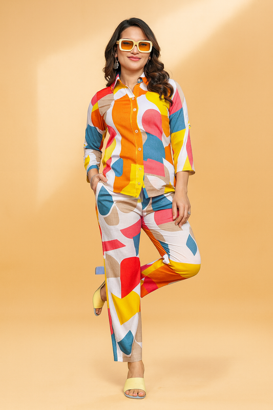 Woman wearing a colorful outfit with a pattern on a beige background