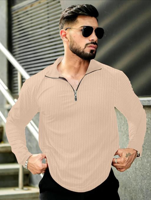 Men’s Beige Ribbed Zip-Collar Full Sleeve Polo